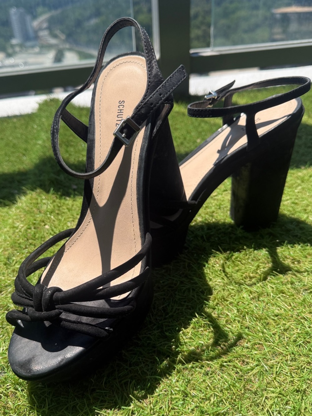 SCHUTZ Black Knotted Strappy Block Heel Sandals suede